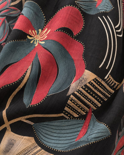 Black Abstract Floral Printed Cotton Kurta Set with Pants & Dupatta