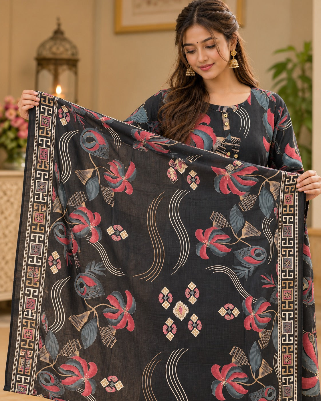 Black Abstract Floral Printed Cotton Kurta Set with Pants & Dupatta