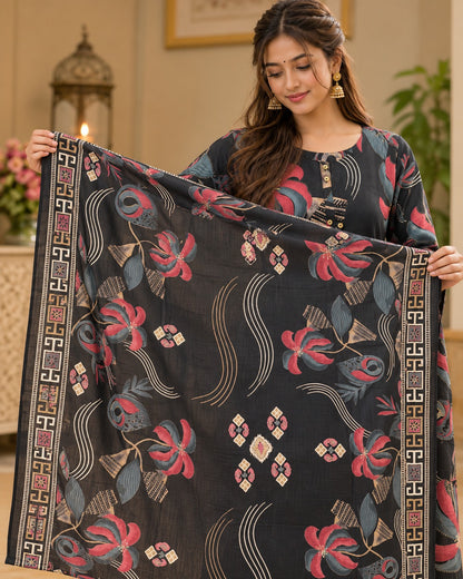 Black Abstract Floral Printed Cotton Kurta Set with Pants & Dupatta