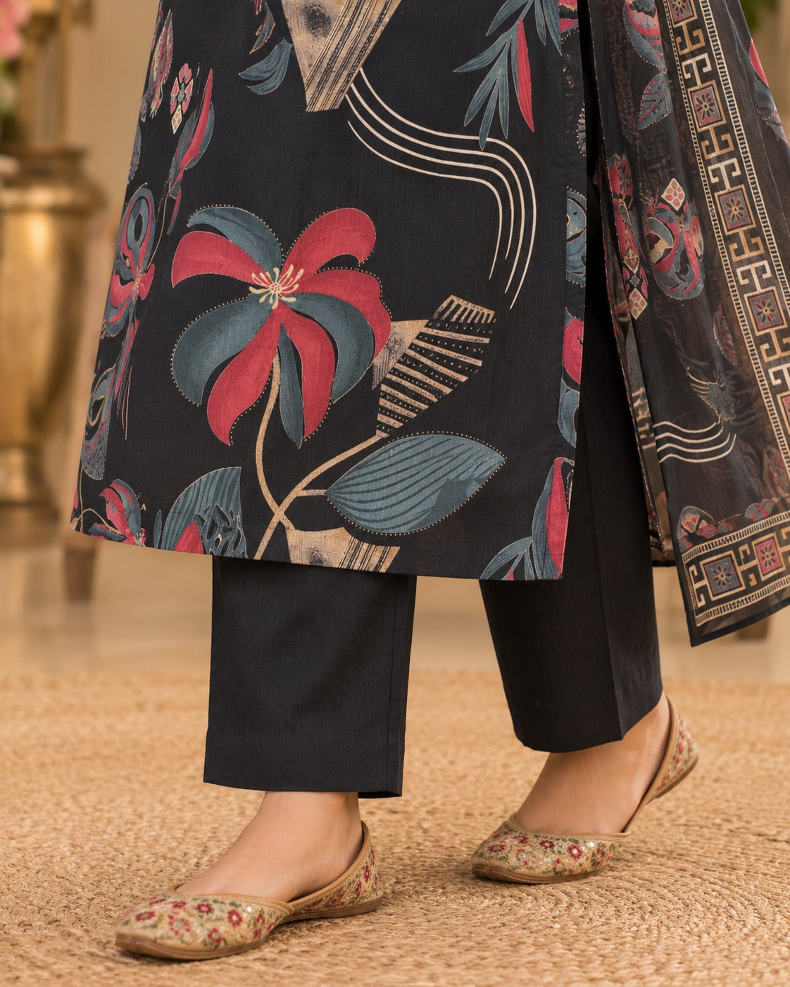 Black Abstract Floral Printed Cotton Kurta Set with Pants & Dupatta