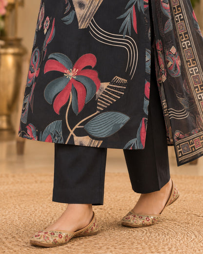 Black Abstract Floral Printed Cotton Kurta Set with Pants & Dupatta