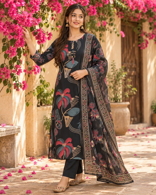 Black Abstract Floral Printed Cotton Kurta Set with Pants & Dupatta
