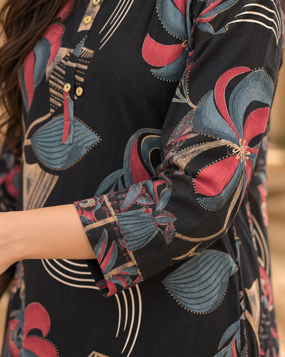 Black Abstract Floral Printed Cotton Kurta Set with Pants & Dupatta