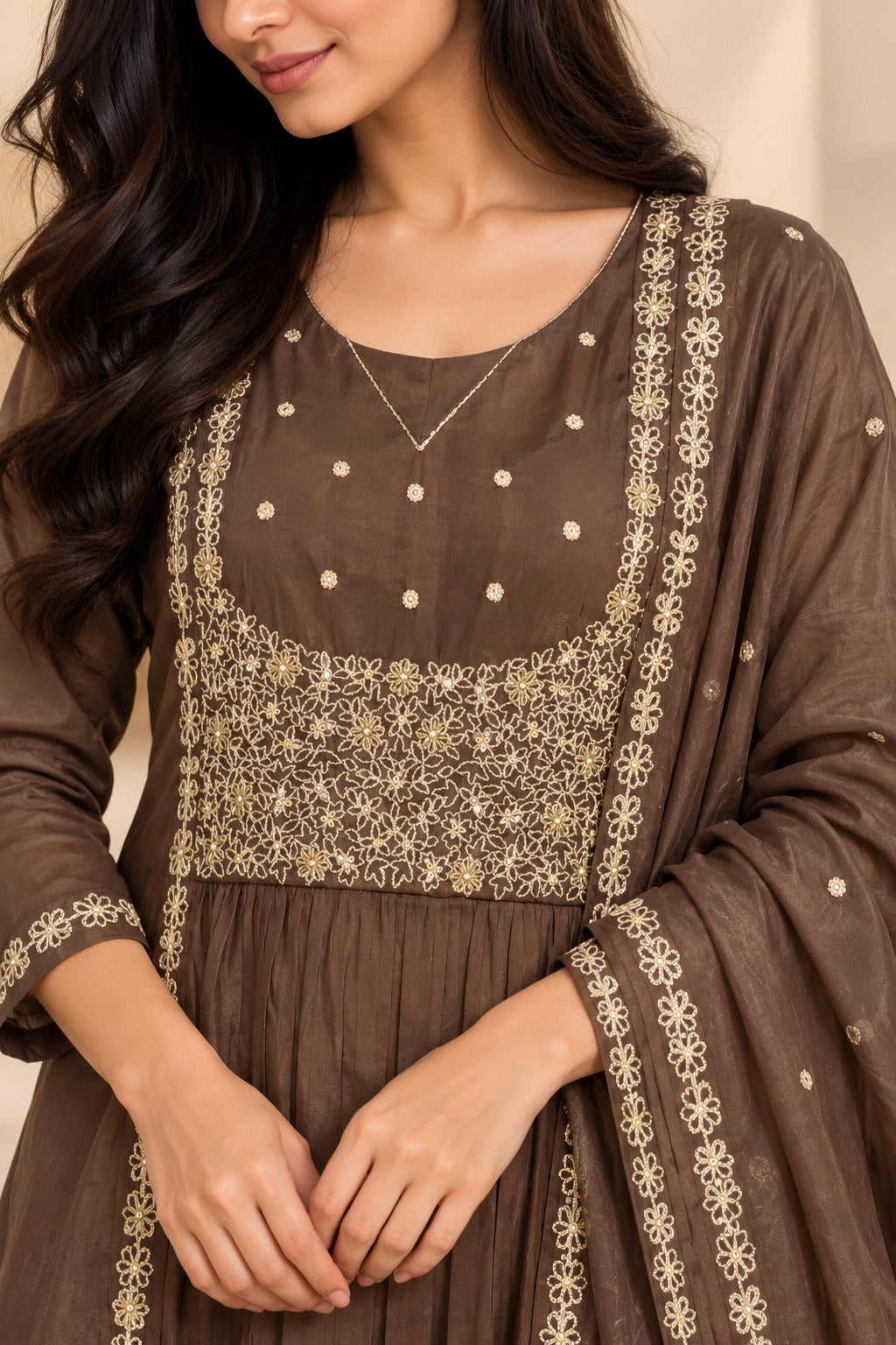 Coffee Brown Chinon Silk Embroidered Anarkali Set with Dupatta