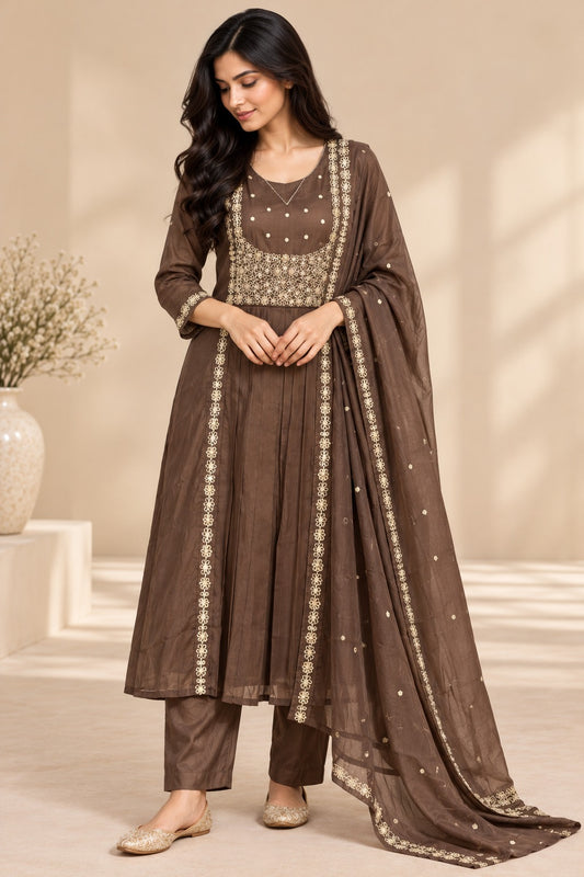 Coffee Brown Chinon Silk Embroidered Anarkali Set with Dupatta