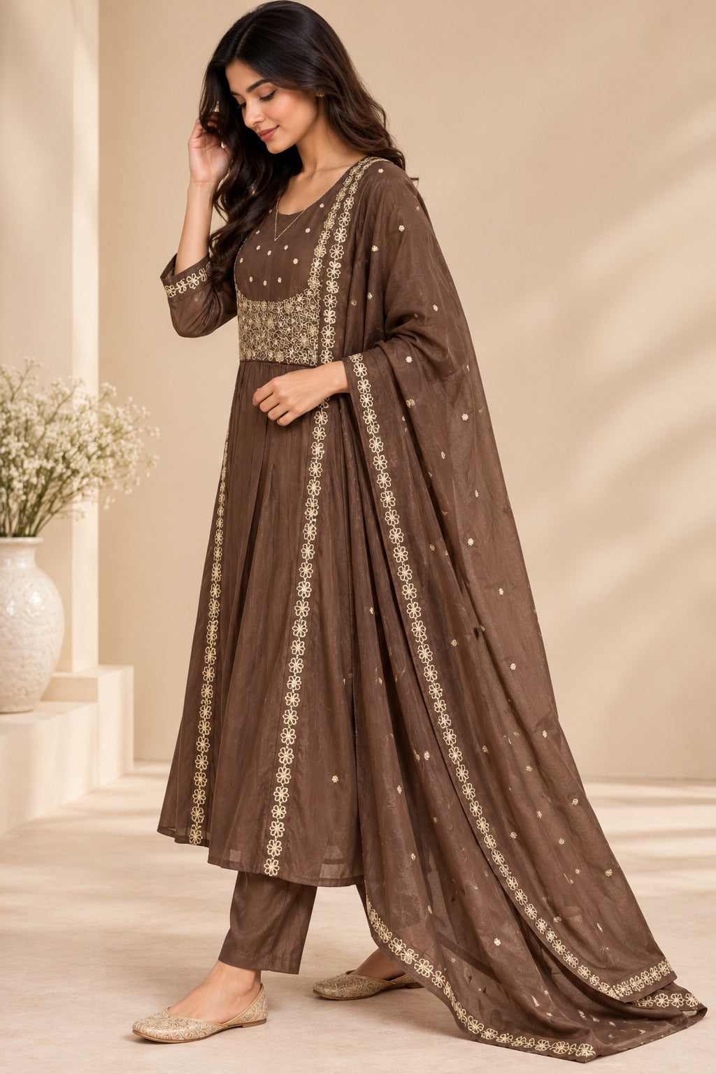 Coffee Brown Chinon Silk Embroidered Anarkali Set with Dupatta